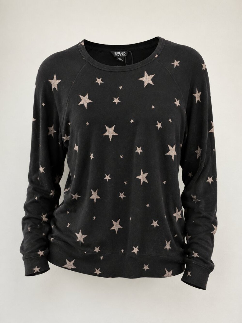 NWT Buffalo David Bitton Star Print Crewneck Sweatshirt Small Black Heather Cozy